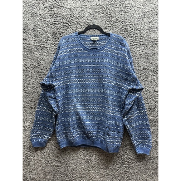 Vtg 90s LL Bean Blue Striped Knit Sweater Cotton Grandpa Men's‎ Large Tall